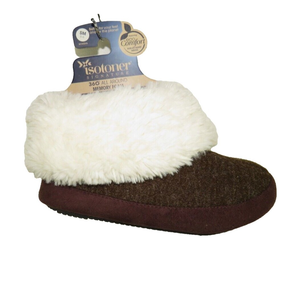 Isotoner Women's Slippers Brown Faux Fur Trimmed Memory Foam Booties Size S